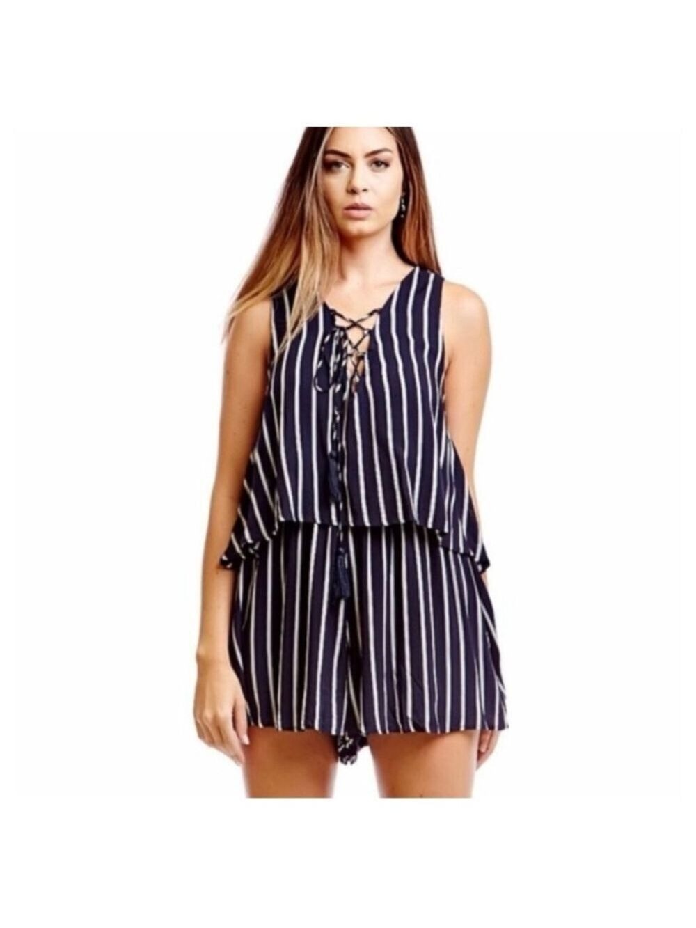 Amor Adore Tiered Romper Size M Navy White Striped Sleeveless